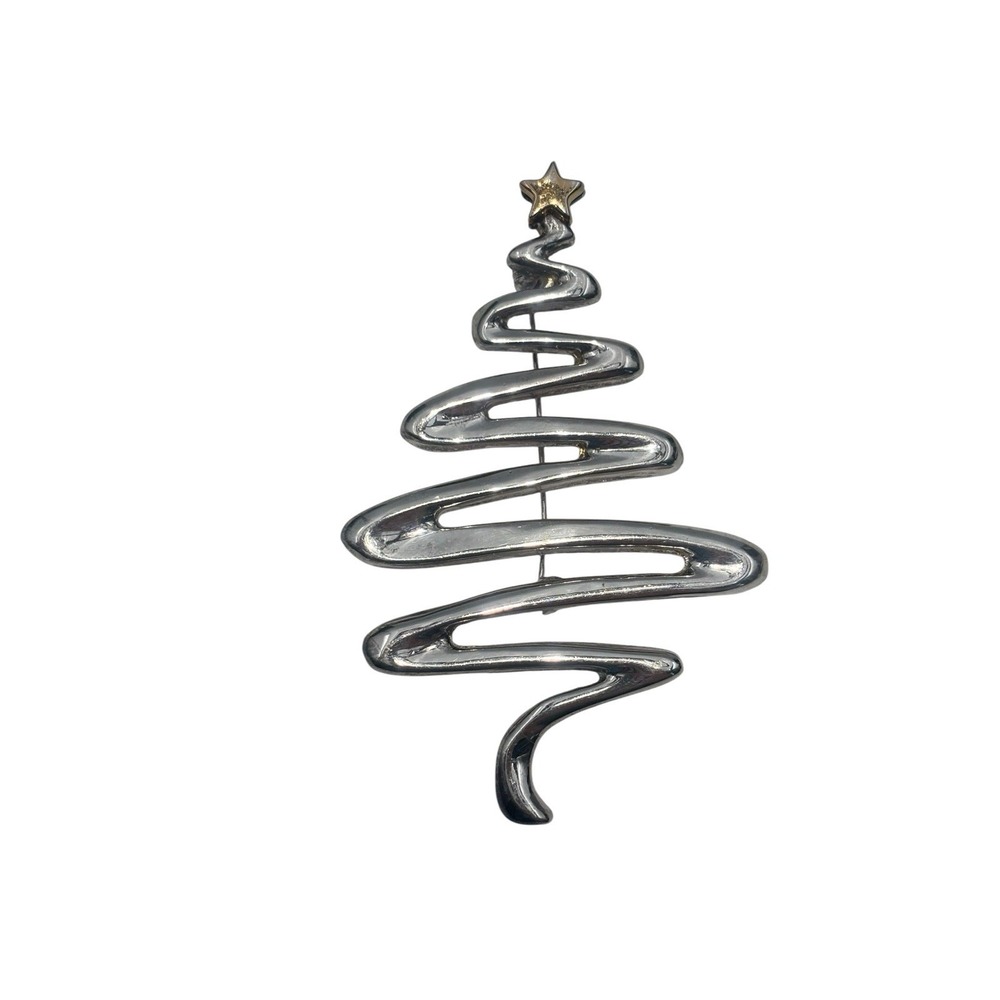 Vintage Silver Tone Gold Star Zig Zag Swirl Christmas Holiday Tree Brooch Pin